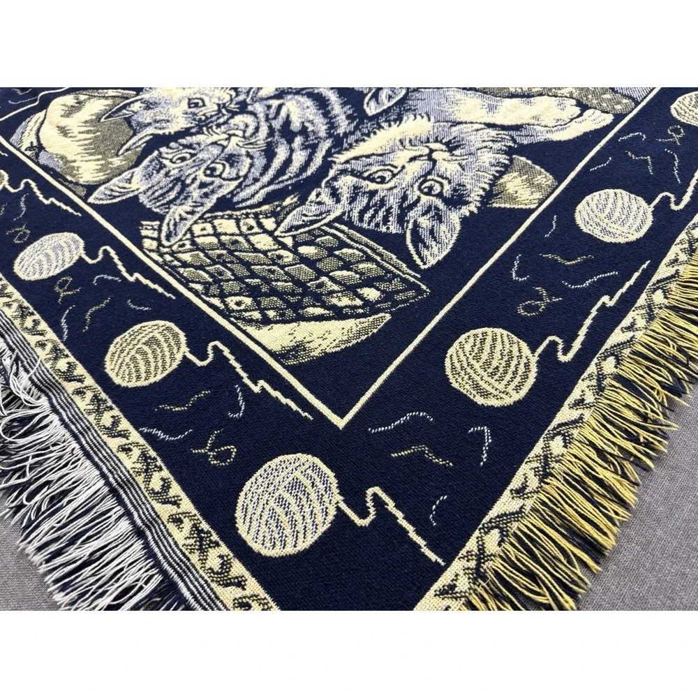 Vintage Woven Cat Kittens Throw Blanket Fringe Navy Cream 43x54 Tapestry Cottage - Picture 5 of 14